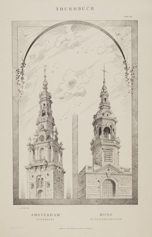 Campaniles de la Zuiderkerk à Amsterdam et de l'Eglise Sainte-Elisabeth à Mons